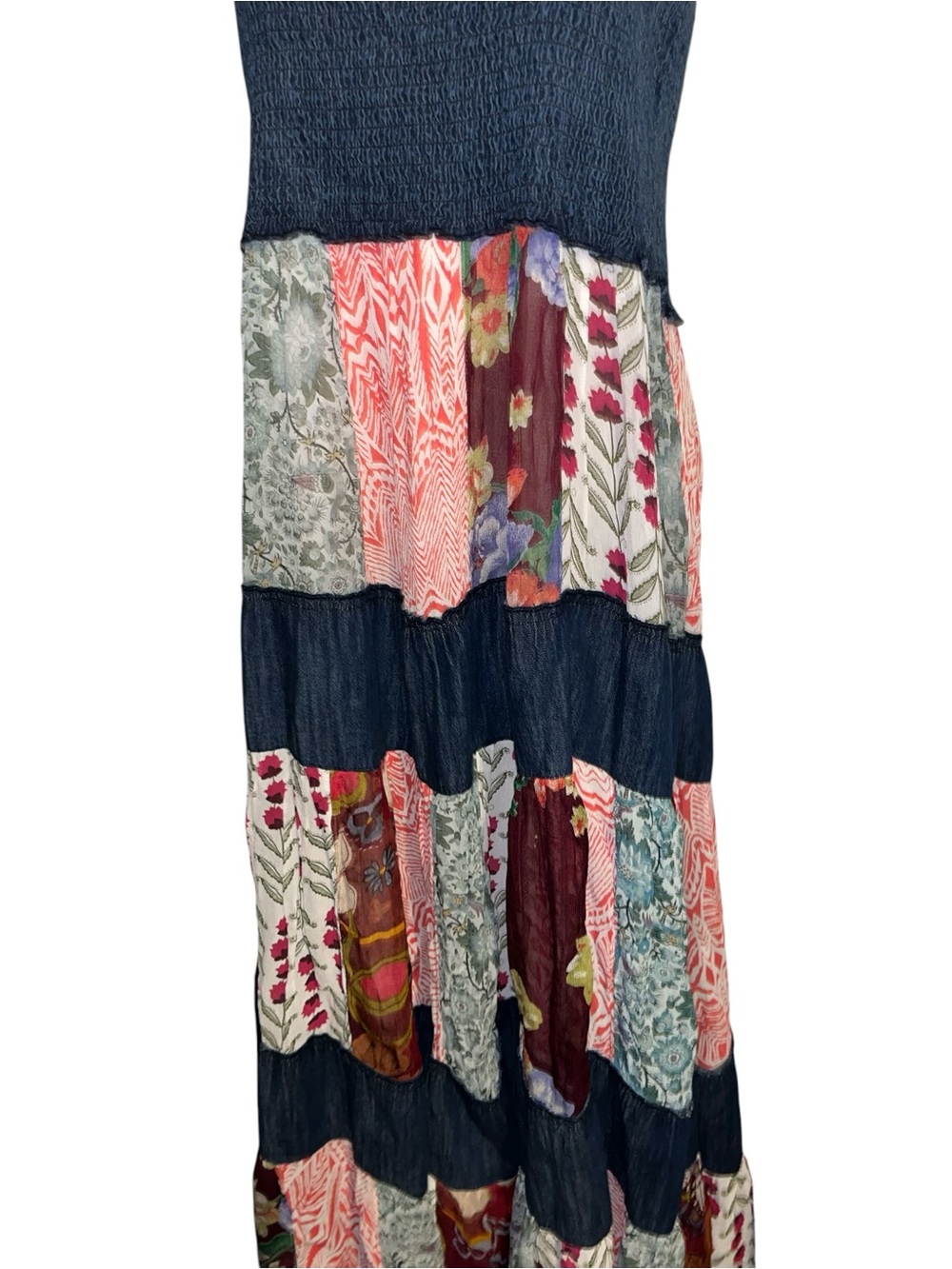 YOUNG THREADS XL SMOCKED DENIM W/ LATTE PATCHWORK MIDI DRESS - Picture 3 of 6